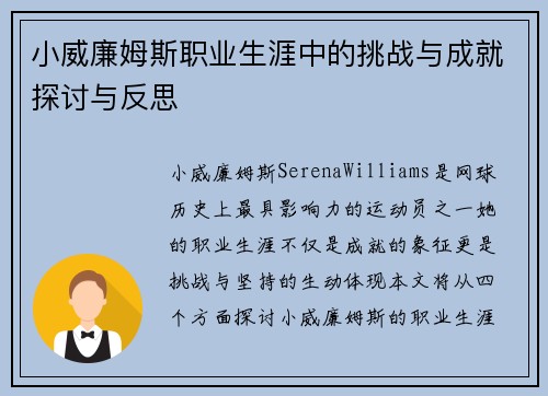 小威廉姆斯职业生涯中的挑战与成就探讨与反思